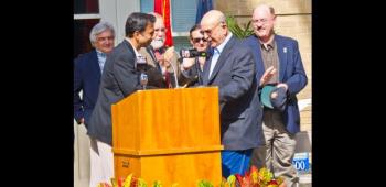 Gov. Bobby Jindal, t left, introduced former Gov. Mike Foster, right, during a kickoff of the planned construction of a $2 million renovation of the third floor of Franklin City Hall as an archives of Foster’s political career as well as other state and federal elected officials from the Franklin area. 